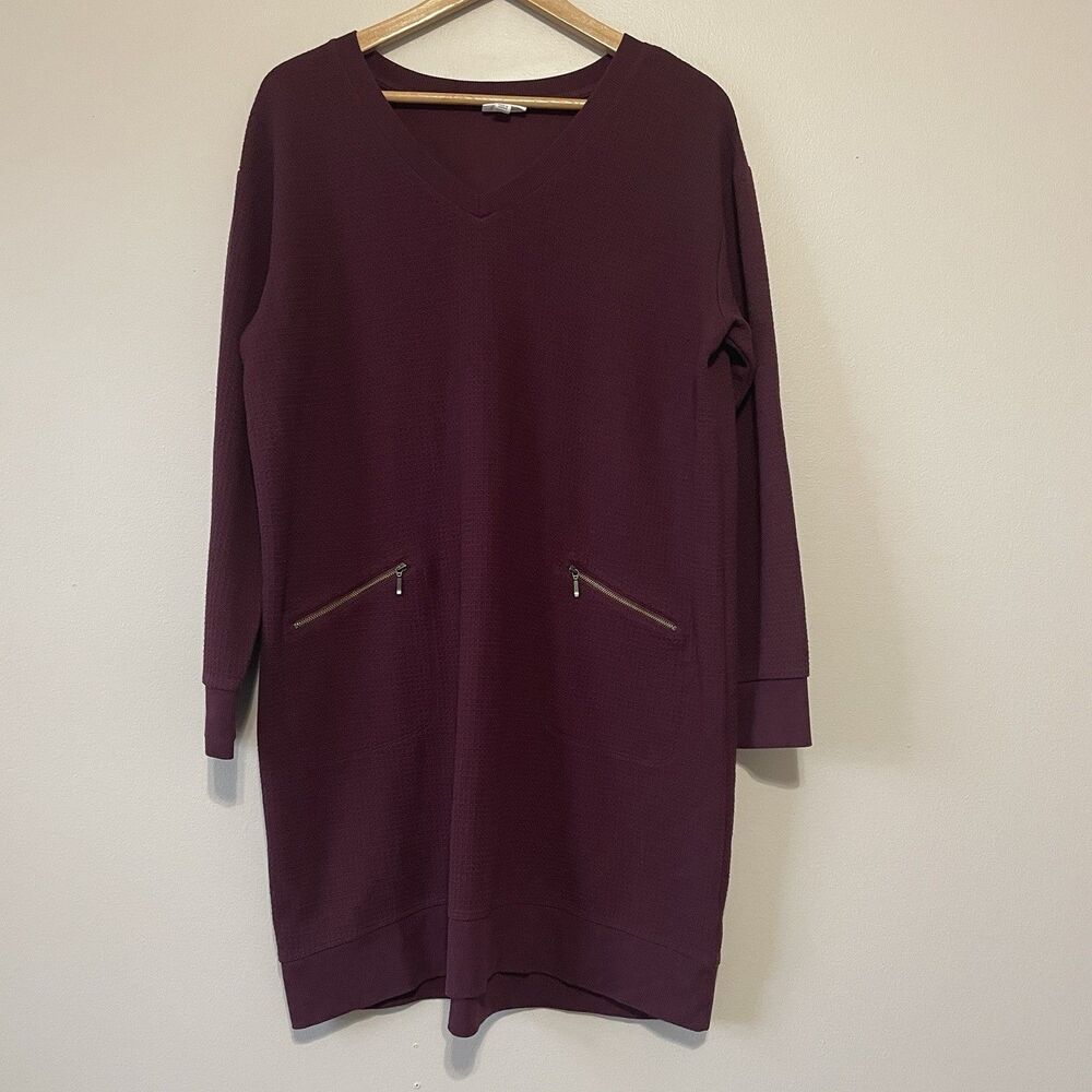 J. Jill Size L Waffle Knit Thermal Dress Pullover Shift Pockets Maroon Burgundy